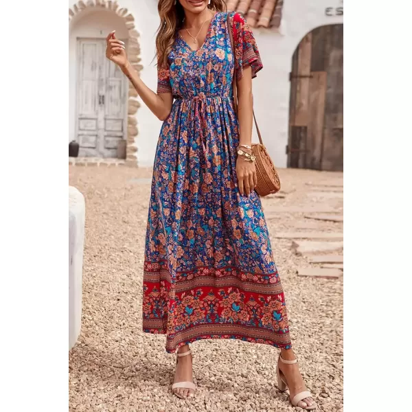 imagePRETTYGARDEN Womens Casual Summer Boho Floral Print Dress V Neck Short Sleeve High Waist Long Maxi Beach DressesBlue