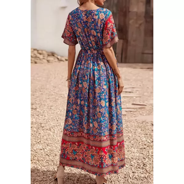 imagePRETTYGARDEN Womens Casual Summer Boho Floral Print Dress V Neck Short Sleeve High Waist Long Maxi Beach DressesBlue