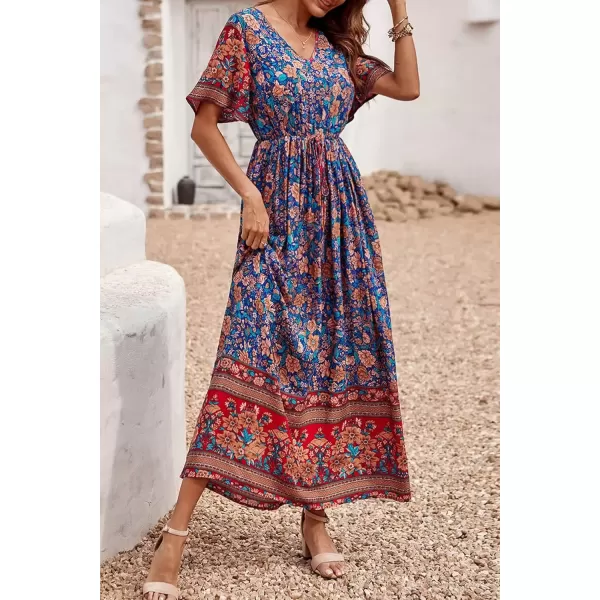 imagePRETTYGARDEN Womens Casual Summer Boho Floral Print Dress V Neck Short Sleeve High Waist Long Maxi Beach DressesBlue