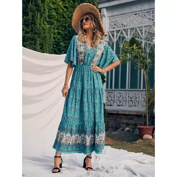 imagePRETTYGARDEN Womens Casual Summer Boho Floral Print Dress V Neck Short Sleeve High Waist Long Maxi Beach DressesBlue Floral