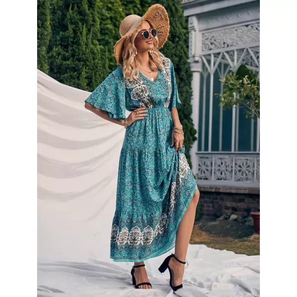 imagePRETTYGARDEN Womens Casual Summer Boho Floral Print Dress V Neck Short Sleeve High Waist Long Maxi Beach DressesBlue Floral
