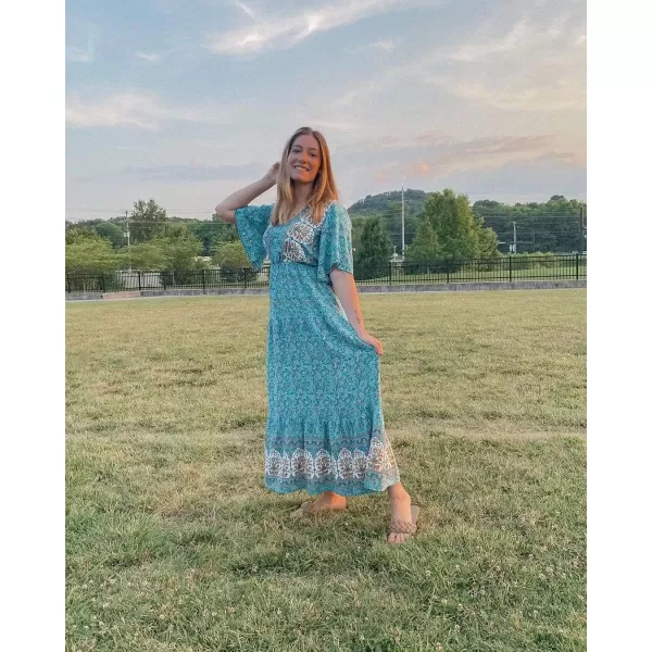 imagePRETTYGARDEN Womens Casual Summer Boho Floral Print Dress V Neck Short Sleeve High Waist Long Maxi Beach DressesBlue Floral