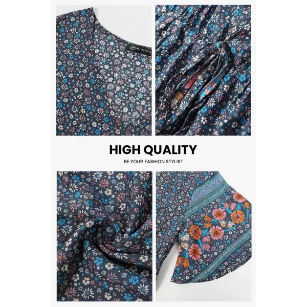 imagePRETTYGARDEN Womens Casual Summer Boho Floral Print Dress V Neck Short Sleeve High Waist Long Maxi Beach DressesBlue Grey Floral