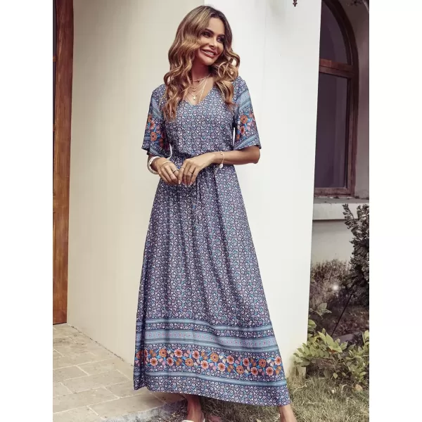 imagePRETTYGARDEN Womens Casual Summer Boho Floral Print Dress V Neck Short Sleeve High Waist Long Maxi Beach DressesBlue Grey Floral