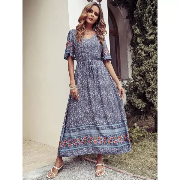 imagePRETTYGARDEN Womens Casual Summer Boho Floral Print Dress V Neck Short Sleeve High Waist Long Maxi Beach DressesBlue Grey Floral