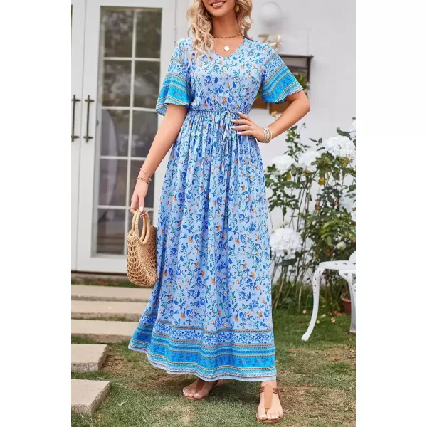 imagePRETTYGARDEN Womens Casual Summer Boho Floral Print Dress V Neck Short Sleeve High Waist Long Maxi Beach DressesBlue Yellow Floral
