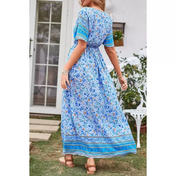 imagePRETTYGARDEN Womens Casual Summer Boho Floral Print Dress V Neck Short Sleeve High Waist Long Maxi Beach DressesBlue Yellow Floral