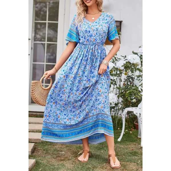 imagePRETTYGARDEN Womens Casual Summer Boho Floral Print Dress V Neck Short Sleeve High Waist Long Maxi Beach DressesBlue Yellow Floral