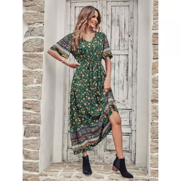 imagePRETTYGARDEN Womens Casual Summer Boho Floral Print Dress V Neck Short Sleeve High Waist Long Maxi Beach DressesDark Green Floral