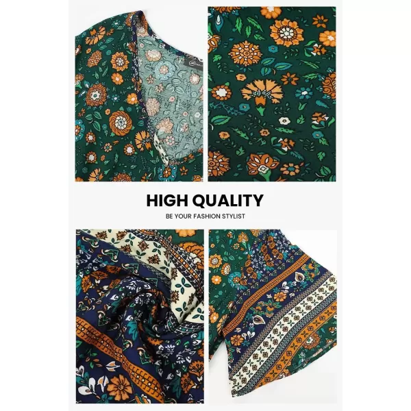 imagePRETTYGARDEN Womens Casual Summer Boho Floral Print Dress V Neck Short Sleeve High Waist Long Maxi Beach DressesDark Green Floral