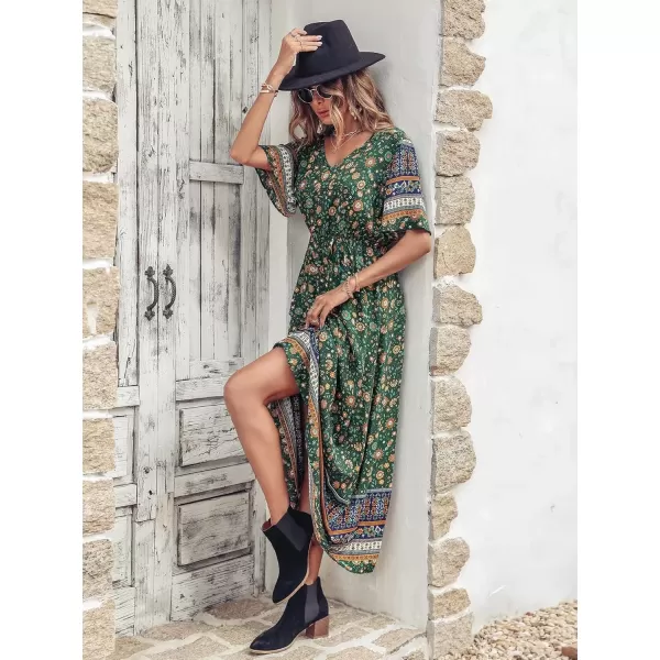 imagePRETTYGARDEN Womens Casual Summer Boho Floral Print Dress V Neck Short Sleeve High Waist Long Maxi Beach DressesDark Green Floral