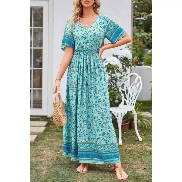 imagePRETTYGARDEN Womens Casual Summer Boho Floral Print Dress V Neck Short Sleeve High Waist Long Maxi Beach DressesGreen Yellow Floral