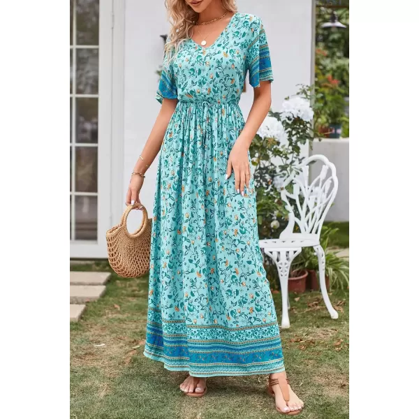 imagePRETTYGARDEN Womens Casual Summer Boho Floral Print Dress V Neck Short Sleeve High Waist Long Maxi Beach DressesGreen Yellow Floral