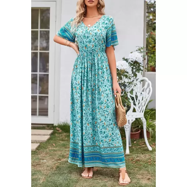 imagePRETTYGARDEN Womens Casual Summer Boho Floral Print Dress V Neck Short Sleeve High Waist Long Maxi Beach DressesGreen Yellow Floral