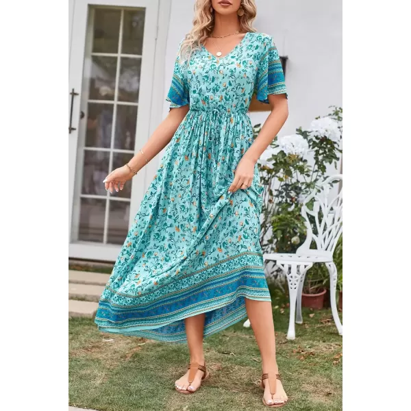 imagePRETTYGARDEN Womens Casual Summer Boho Floral Print Dress V Neck Short Sleeve High Waist Long Maxi Beach DressesGreen Yellow Floral