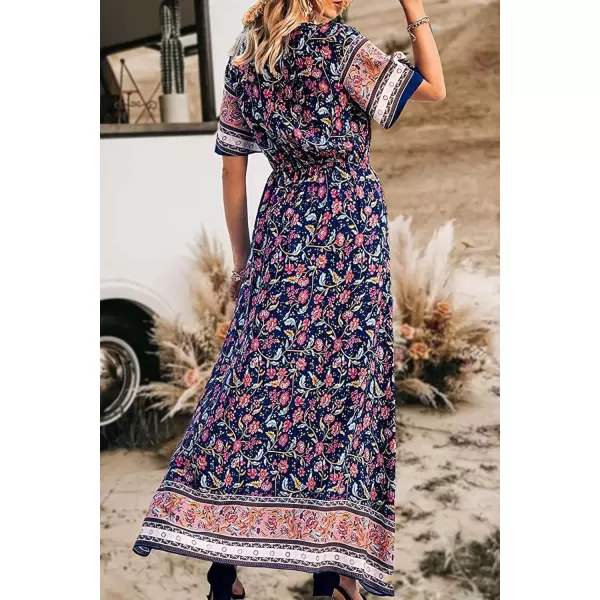 imagePRETTYGARDEN Womens Casual Summer Boho Floral Print Dress V Neck Short Sleeve High Waist Long Maxi Beach DressesNavy