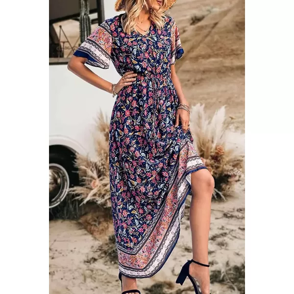 imagePRETTYGARDEN Womens Casual Summer Boho Floral Print Dress V Neck Short Sleeve High Waist Long Maxi Beach DressesNavy