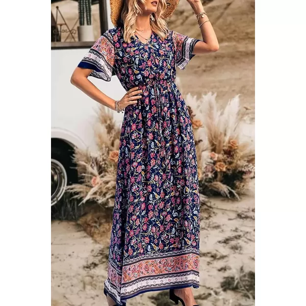 imagePRETTYGARDEN Womens Casual Summer Boho Floral Print Dress V Neck Short Sleeve High Waist Long Maxi Beach DressesNavy