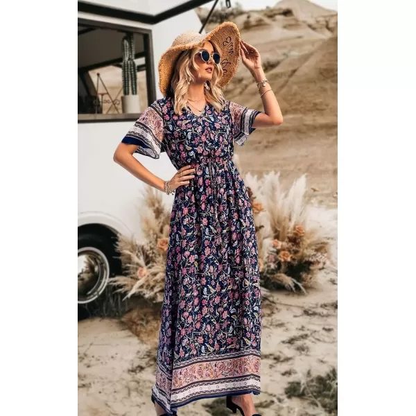 imagePRETTYGARDEN Womens Casual Summer Boho Floral Print Dress V Neck Short Sleeve High Waist Long Maxi Beach DressesNavy