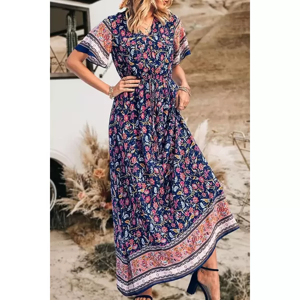 imagePRETTYGARDEN Womens Casual Summer Boho Floral Print Dress V Neck Short Sleeve High Waist Long Maxi Beach DressesNavy