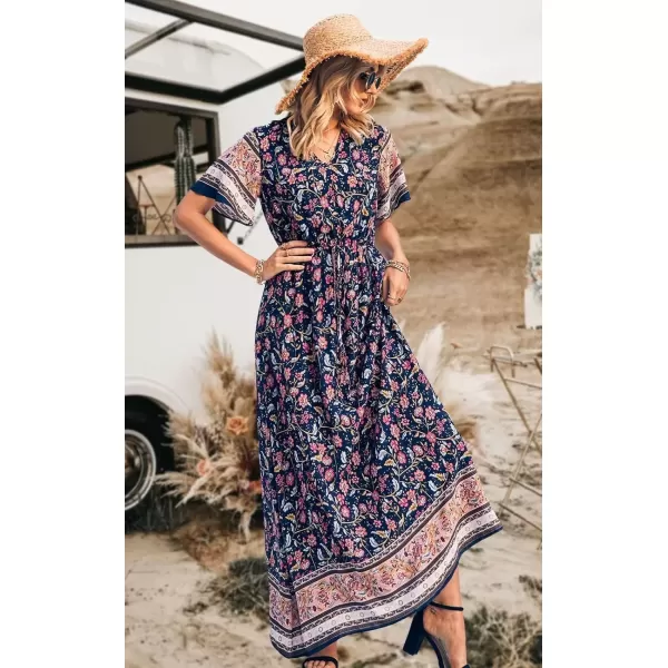 imagePRETTYGARDEN Womens Casual Summer Boho Floral Print Dress V Neck Short Sleeve High Waist Long Maxi Beach DressesNavy