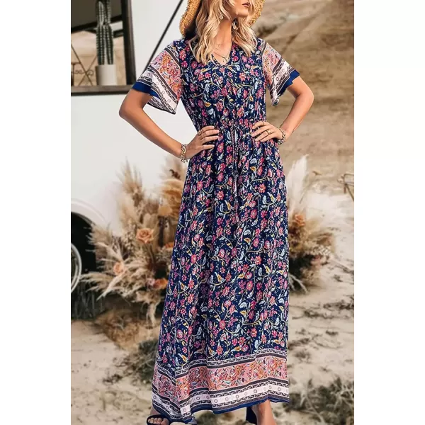 imagePRETTYGARDEN Womens Casual Summer Boho Floral Print Dress V Neck Short Sleeve High Waist Long Maxi Beach DressesNavy