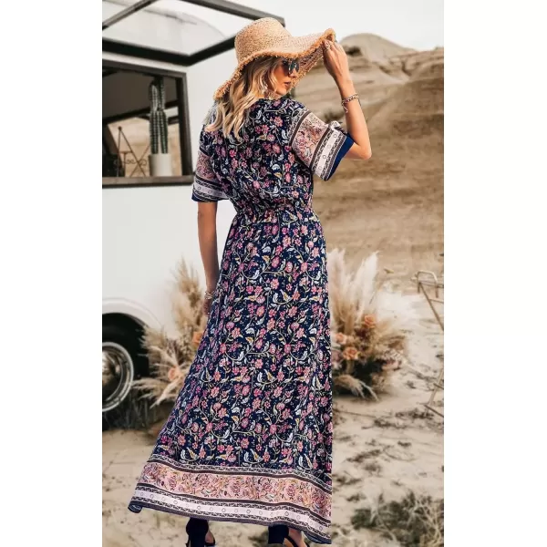 imagePRETTYGARDEN Womens Casual Summer Boho Floral Print Dress V Neck Short Sleeve High Waist Long Maxi Beach DressesNavy