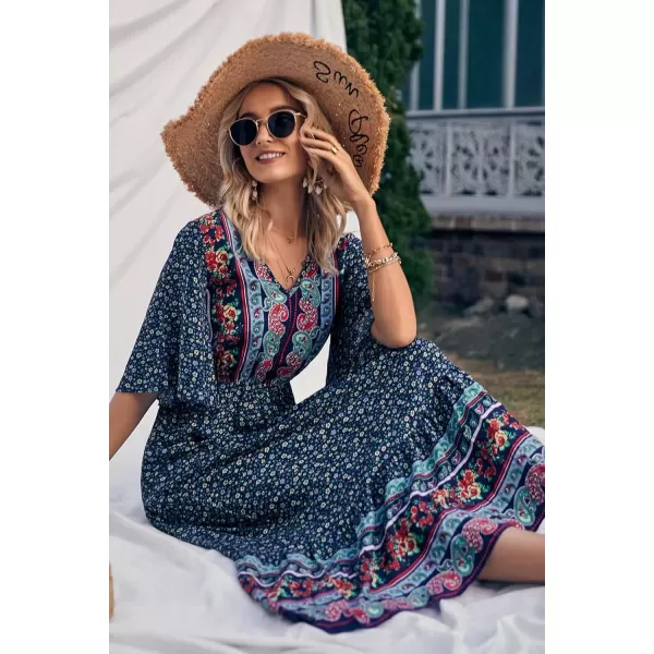 imagePRETTYGARDEN Womens Casual Summer Boho Floral Print Dress V Neck Short Sleeve High Waist Long Maxi Beach DressesNavy Floral