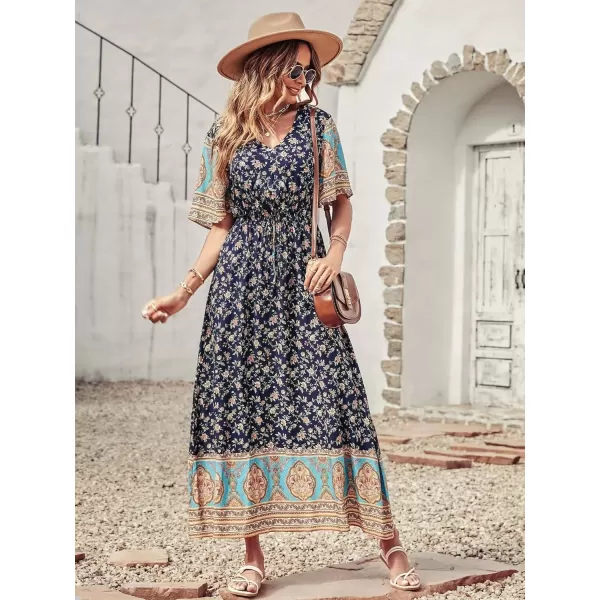 imagePRETTYGARDEN Womens Casual Summer Boho Floral Print Dress V Neck Short Sleeve High Waist Long Maxi Beach DressesNavy Yellow Floral