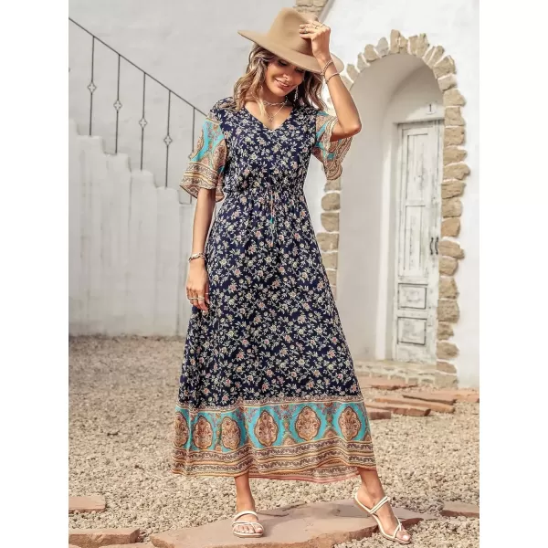 imagePRETTYGARDEN Womens Casual Summer Boho Floral Print Dress V Neck Short Sleeve High Waist Long Maxi Beach DressesNavy Yellow Floral