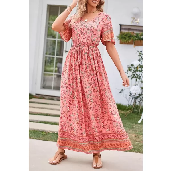 imagePRETTYGARDEN Womens Casual Summer Boho Floral Print Dress V Neck Short Sleeve High Waist Long Maxi Beach DressesOrange Red Floral
