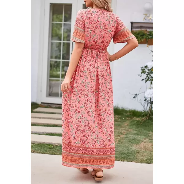 imagePRETTYGARDEN Womens Casual Summer Boho Floral Print Dress V Neck Short Sleeve High Waist Long Maxi Beach DressesOrange Red Floral