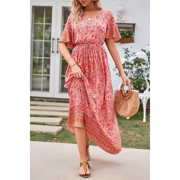imagePRETTYGARDEN Womens Casual Summer Boho Floral Print Dress V Neck Short Sleeve High Waist Long Maxi Beach DressesOrange Red Floral