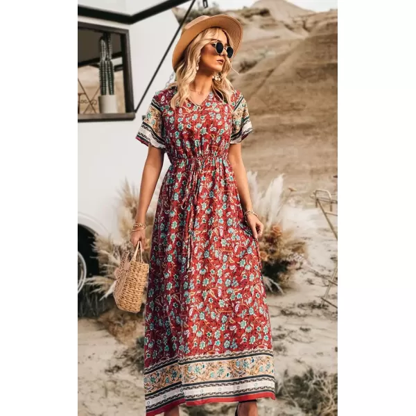 imagePRETTYGARDEN Womens Casual Summer Boho Floral Print Dress V Neck Short Sleeve High Waist Long Maxi Beach DressesRed