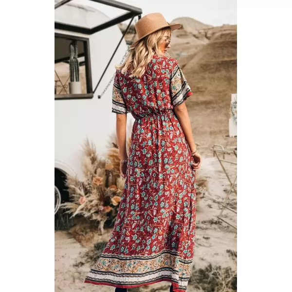 imagePRETTYGARDEN Womens Casual Summer Boho Floral Print Dress V Neck Short Sleeve High Waist Long Maxi Beach DressesRed