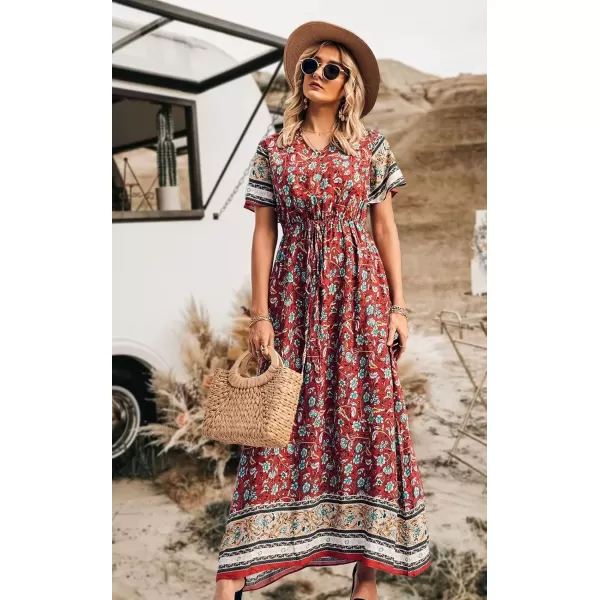imagePRETTYGARDEN Womens Casual Summer Boho Floral Print Dress V Neck Short Sleeve High Waist Long Maxi Beach DressesRed