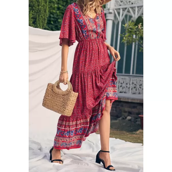 imagePRETTYGARDEN Womens Casual Summer Boho Floral Print Dress V Neck Short Sleeve High Waist Long Maxi Beach DressesRed Floral