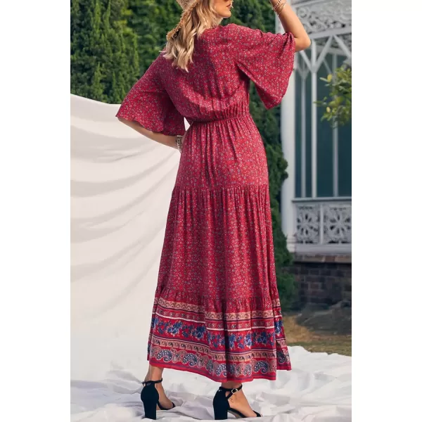 imagePRETTYGARDEN Womens Casual Summer Boho Floral Print Dress V Neck Short Sleeve High Waist Long Maxi Beach DressesRed Floral
