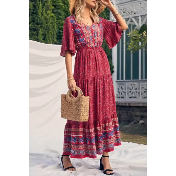 imagePRETTYGARDEN Womens Casual Summer Boho Floral Print Dress V Neck Short Sleeve High Waist Long Maxi Beach DressesRed Floral
