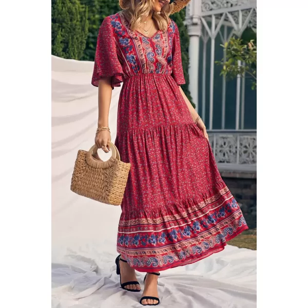 imagePRETTYGARDEN Womens Casual Summer Boho Floral Print Dress V Neck Short Sleeve High Waist Long Maxi Beach DressesRed Floral