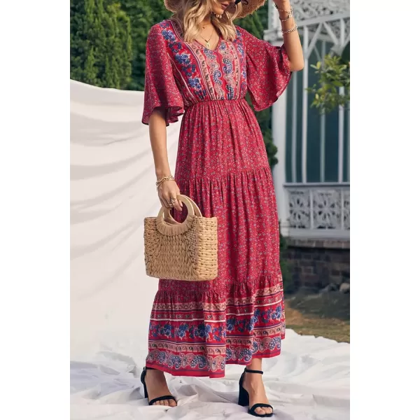 imagePRETTYGARDEN Womens Casual Summer Boho Floral Print Dress V Neck Short Sleeve High Waist Long Maxi Beach DressesRed Floral