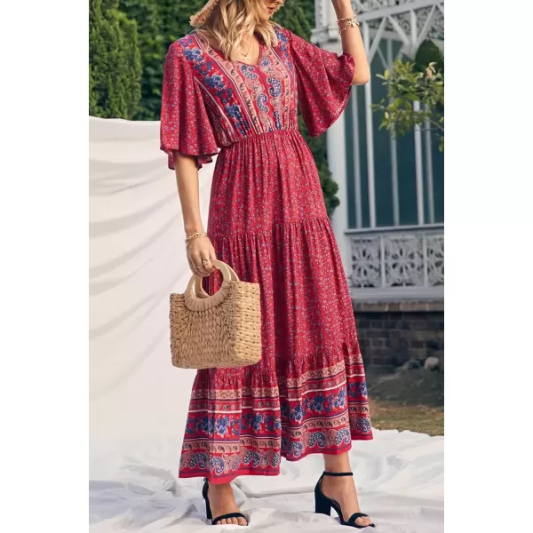 imagePRETTYGARDEN Womens Casual Summer Boho Floral Print Dress V Neck Short Sleeve High Waist Long Maxi Beach DressesRed Floral