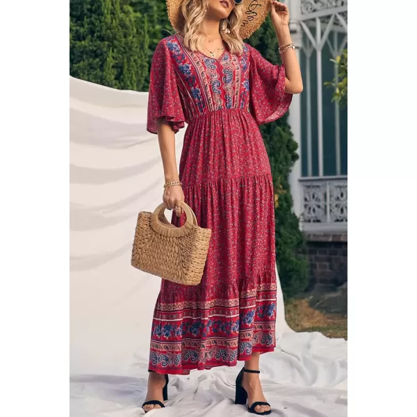 imagePRETTYGARDEN Womens Casual Summer Boho Floral Print Dress V Neck Short Sleeve High Waist Long Maxi Beach DressesRed Floral