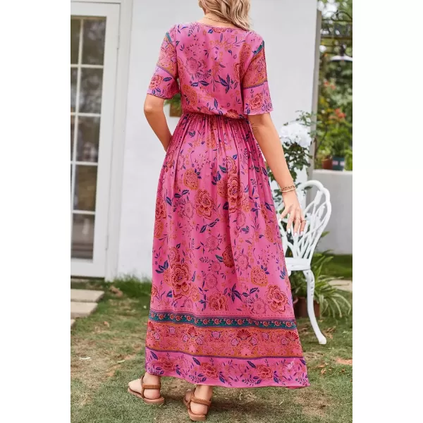 imagePRETTYGARDEN Womens Casual Summer Boho Floral Print Dress V Neck Short Sleeve High Waist Long Maxi Beach DressesRose Red Floral