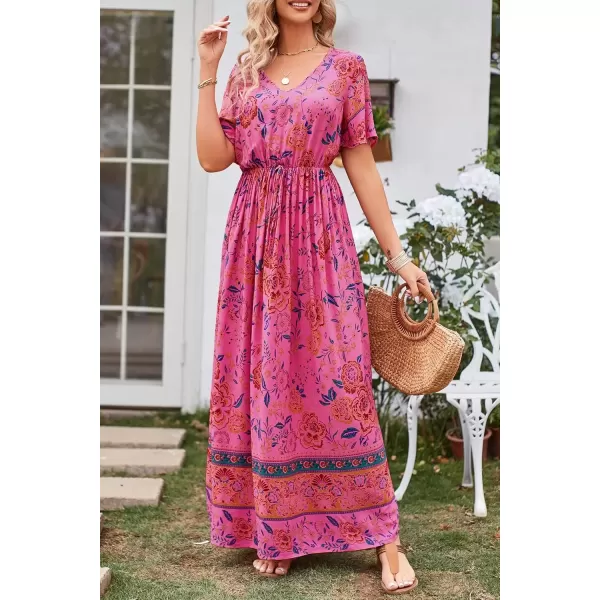 imagePRETTYGARDEN Womens Casual Summer Boho Floral Print Dress V Neck Short Sleeve High Waist Long Maxi Beach DressesRose Red Floral