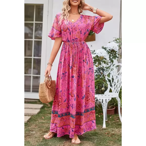 imagePRETTYGARDEN Womens Casual Summer Boho Floral Print Dress V Neck Short Sleeve High Waist Long Maxi Beach DressesRose Red Floral