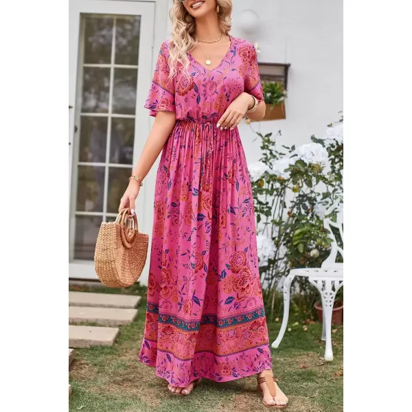 imagePRETTYGARDEN Womens Casual Summer Boho Floral Print Dress V Neck Short Sleeve High Waist Long Maxi Beach DressesRose Red Floral