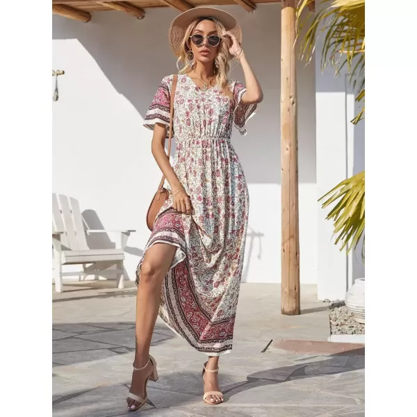 imagePRETTYGARDEN Womens Casual Summer Boho Floral Print Dress V Neck Short Sleeve High Waist Long Maxi Beach DressesWhite
