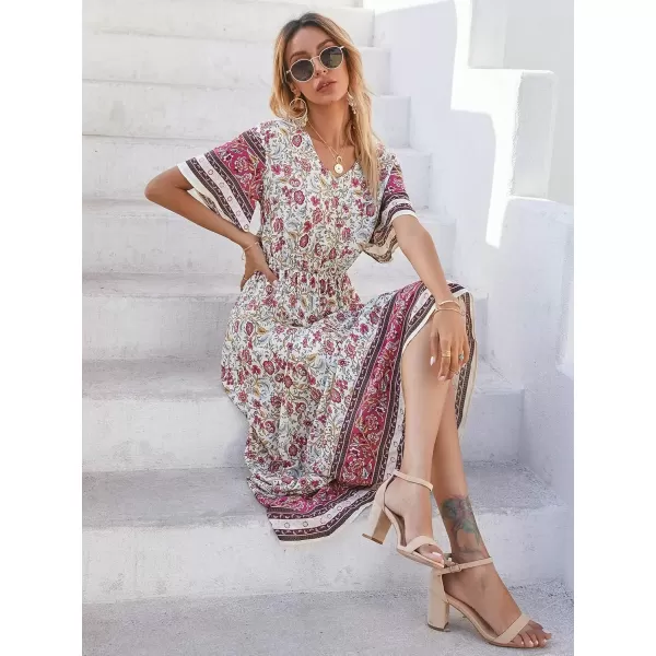 imagePRETTYGARDEN Womens Casual Summer Boho Floral Print Dress V Neck Short Sleeve High Waist Long Maxi Beach DressesWhite