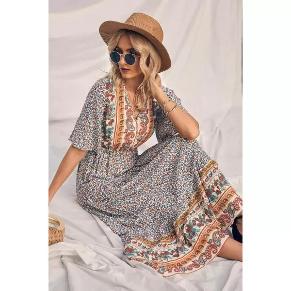 imagePRETTYGARDEN Womens Casual Summer Boho Floral Print Dress V Neck Short Sleeve High Waist Long Maxi Beach DressesWhite Floral